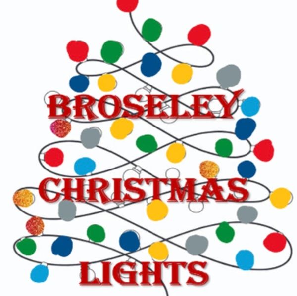 Colorful Christmas lights forming a tree with 'BROSELEY CHRISTMAS LIGHTS' text.