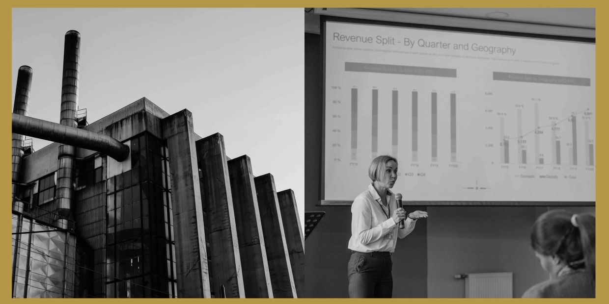 Industrial building with presentation on revenue split.