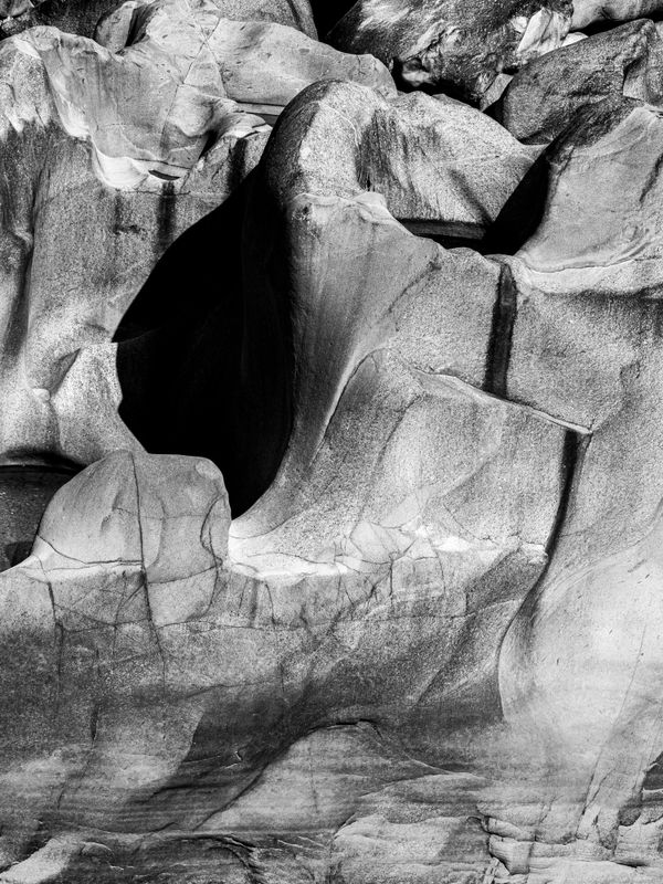 Close-up black and white image of textured rock formations with intricate patterns.