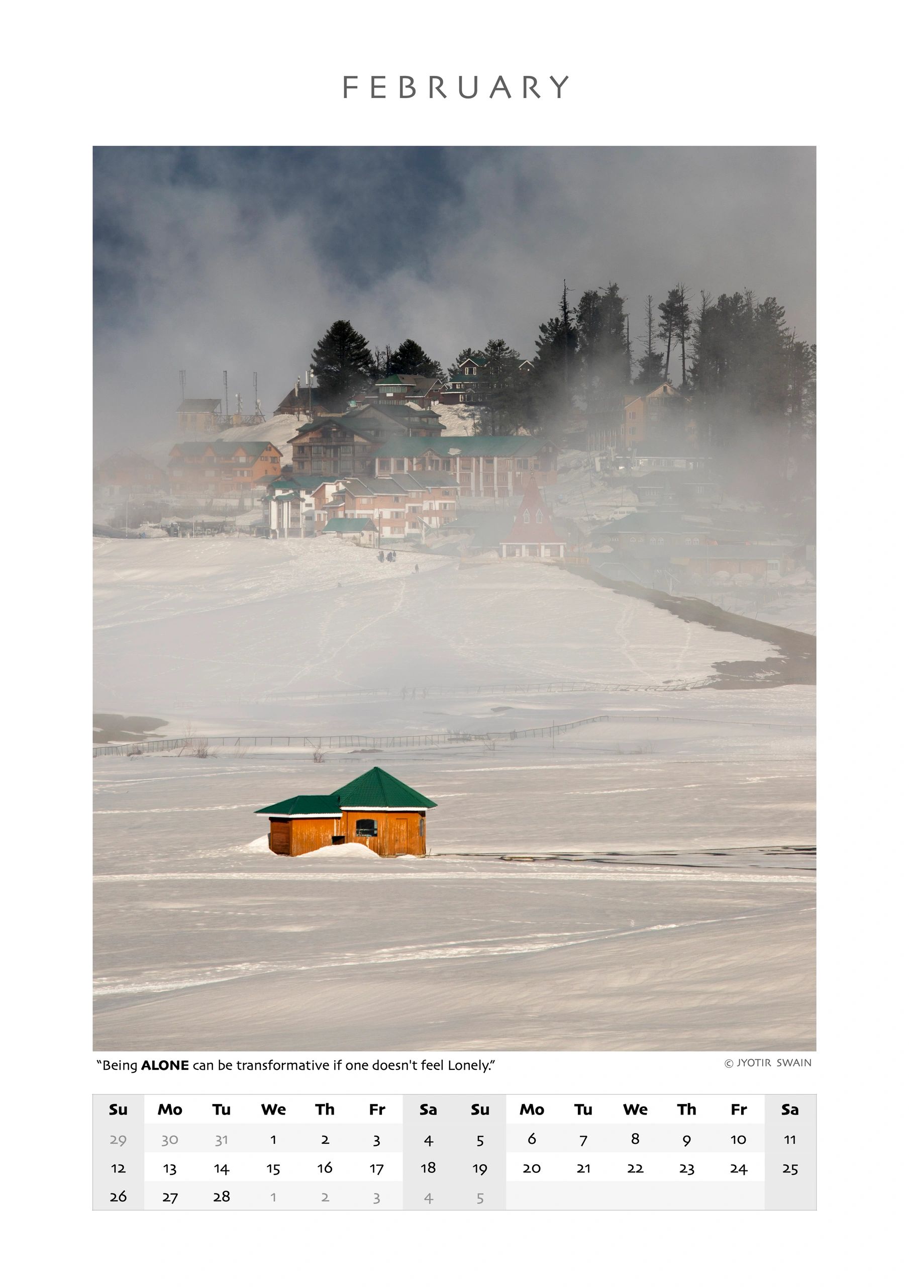 A solitary wooden cabin amidst snowy fields with mist-shrouded buildings in the background.