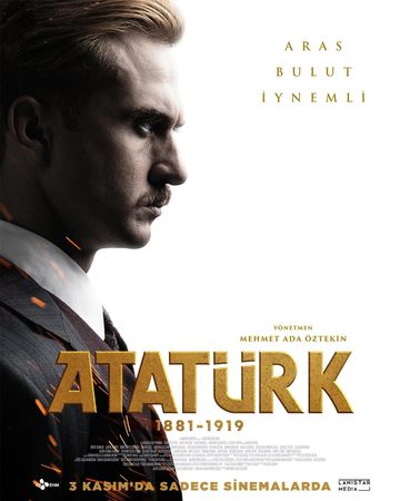 Profile of Aras Bulut İynemli as Atatürk with bold gold title.