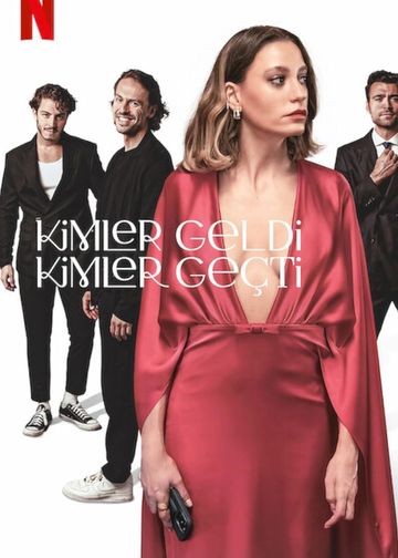 A poised woman in a red dress with three men in black suits behind her.