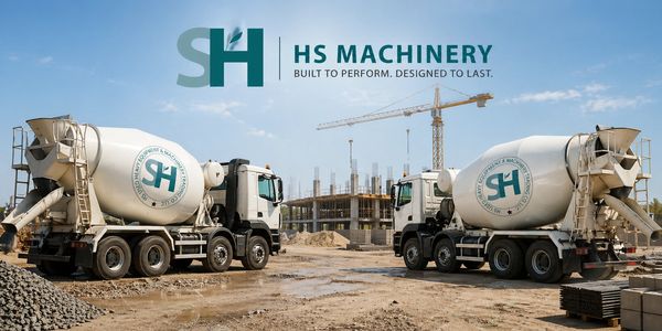 Two cement mixer trucks with HS Machinery logo at a construction site.
