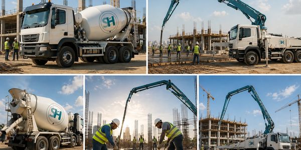 Concrete mixer truck and workers at an active construction site.