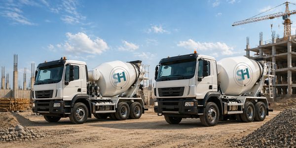 Two white cement mixer trucks at a construction site under a blue sky.