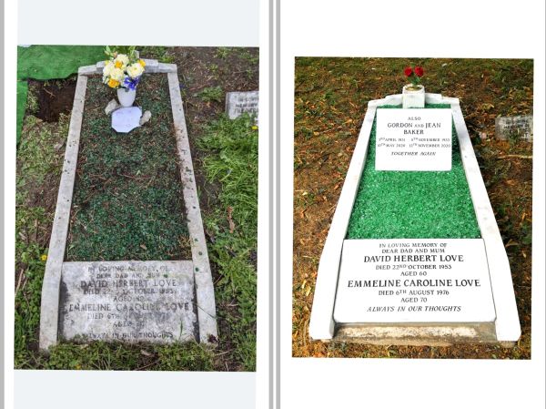 Two images of the same grave, one old and one restored.