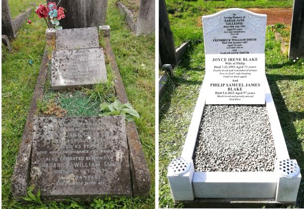 Two graves showing weathered and restored gravestones.