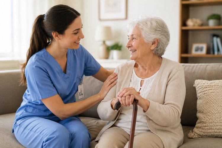 A nurse warmly interacts with an elderly woman sitting on a couch.