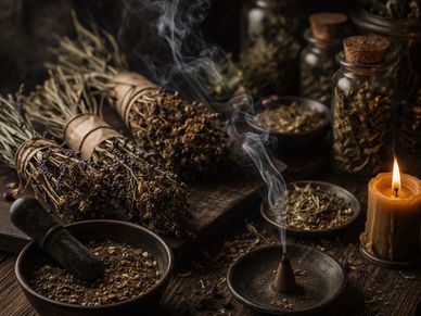 Burning incense cone with dried herbs, candles, and mortar on wooden table.