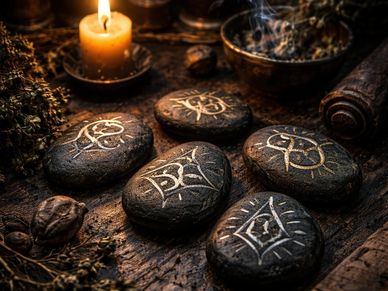 Mystical rune stones glowing near a lit candle and incense.