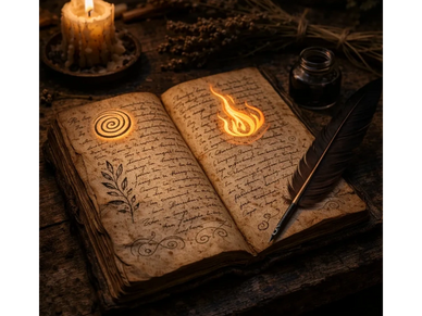 An ancient book with magical symbols glowing beside a quill and candle.