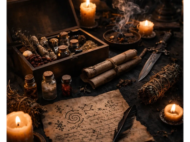 A mystical setup with candles, ancient scrolls, herbs, and a dagger.