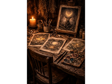 Artistic workspace with mystical animal drawings illuminated by candlelight.