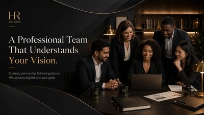 A diverse professional team collaborating around a laptop, showcasing HR expertise.