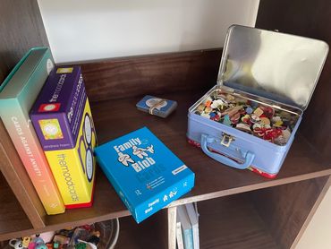 A collection of counselling cards and a button box  used when counselling children