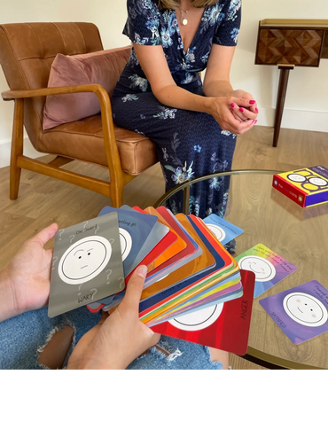 Bethan Whitelaw, child counsellor working with mood cards to help a young person explore anxiety.
