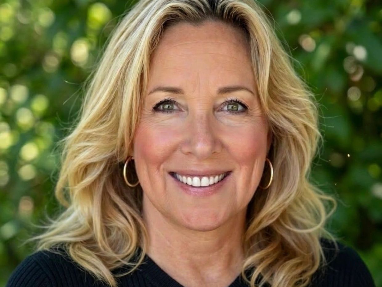 Smiling woman with blonde hair and green background.