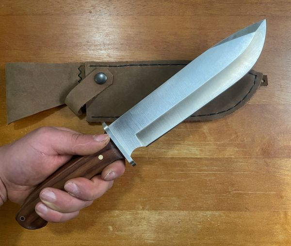 Stainless Steel Bowie style knife with Rose Wood handles and hand crafted leather sheath