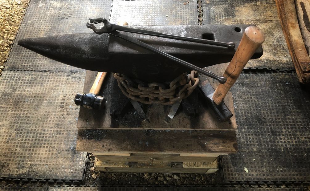Blacksmith anvil, hammers, and tongs, in the Mosquito Valley Forge workshop.