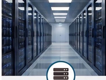 Modern data center server room with rows of servers.