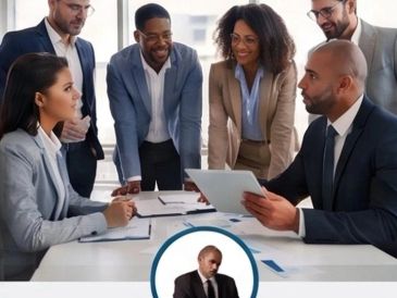 Team meeting with diverse professionals at a conference table.
