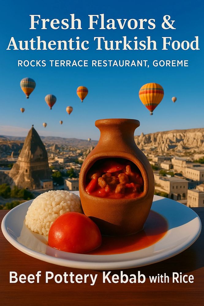 "beef pottery kebab with rice at rocks terrace restaurant goreme cappadocia rooftop view"