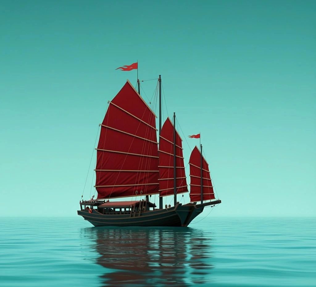 A traditional sailboat with red sails on calm turquoise waters.