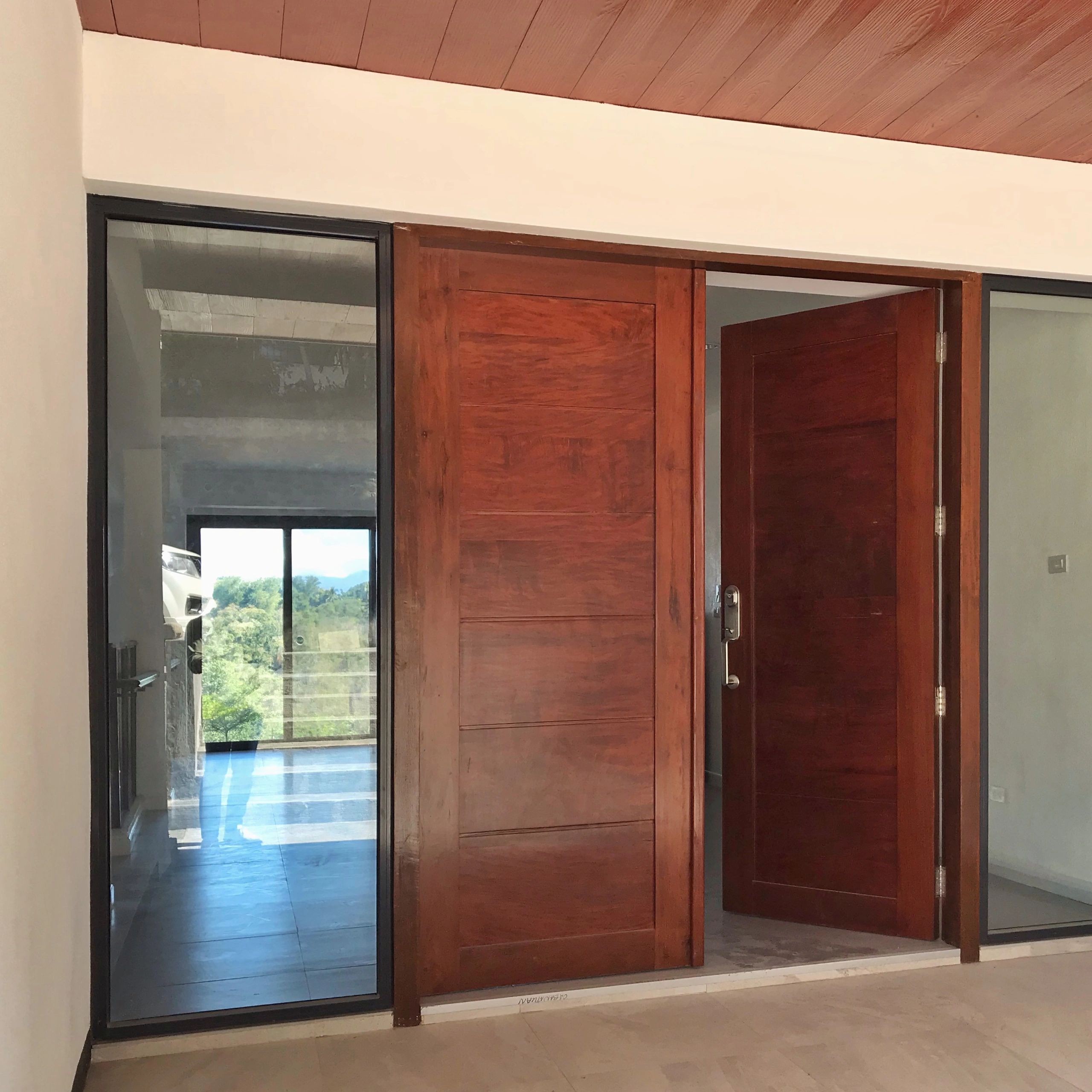 Modern wooden door with glass panels reflecting an outdoor scene.
