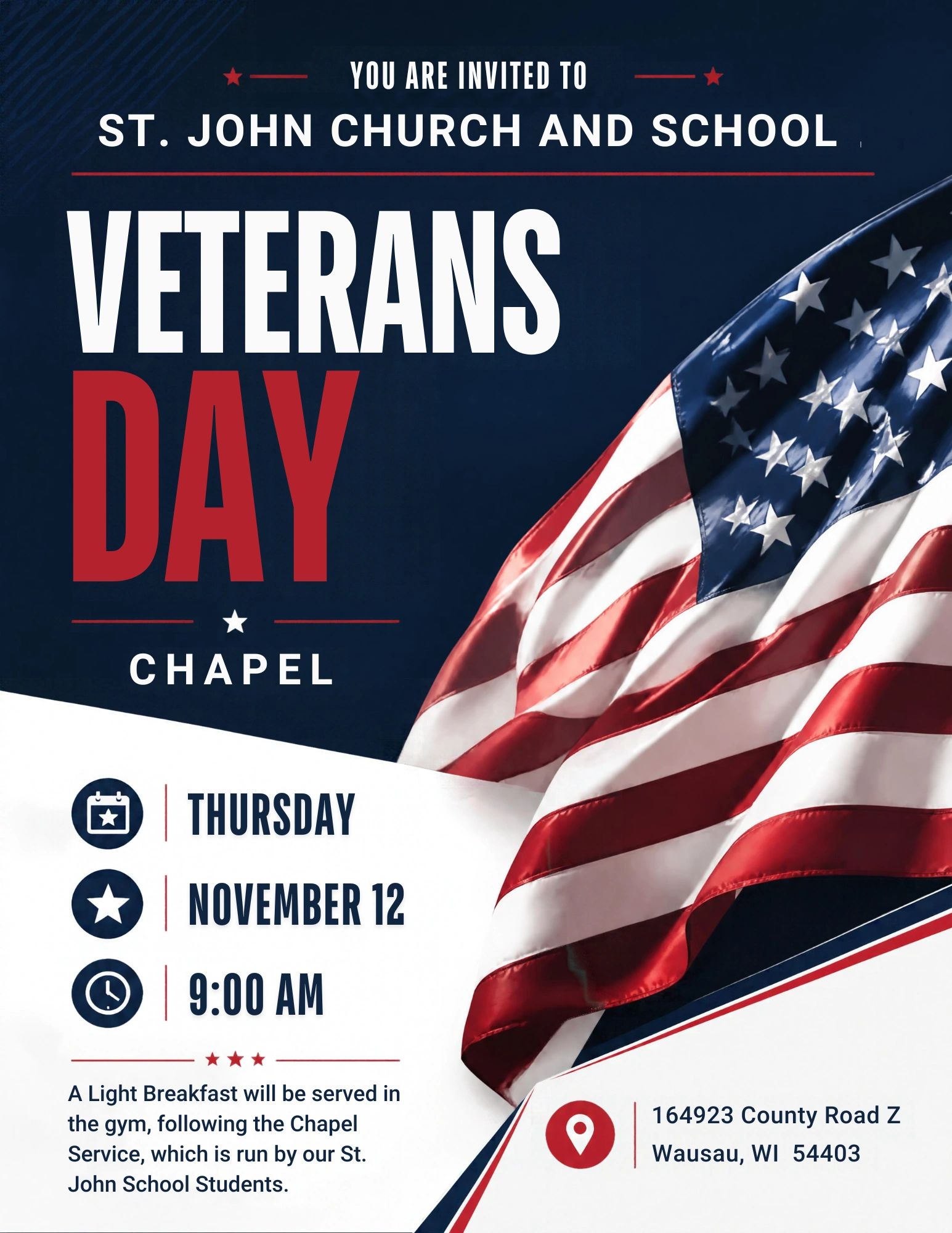 Invitation to St. John Church and School Veterans Day Chapel event with breakfast.