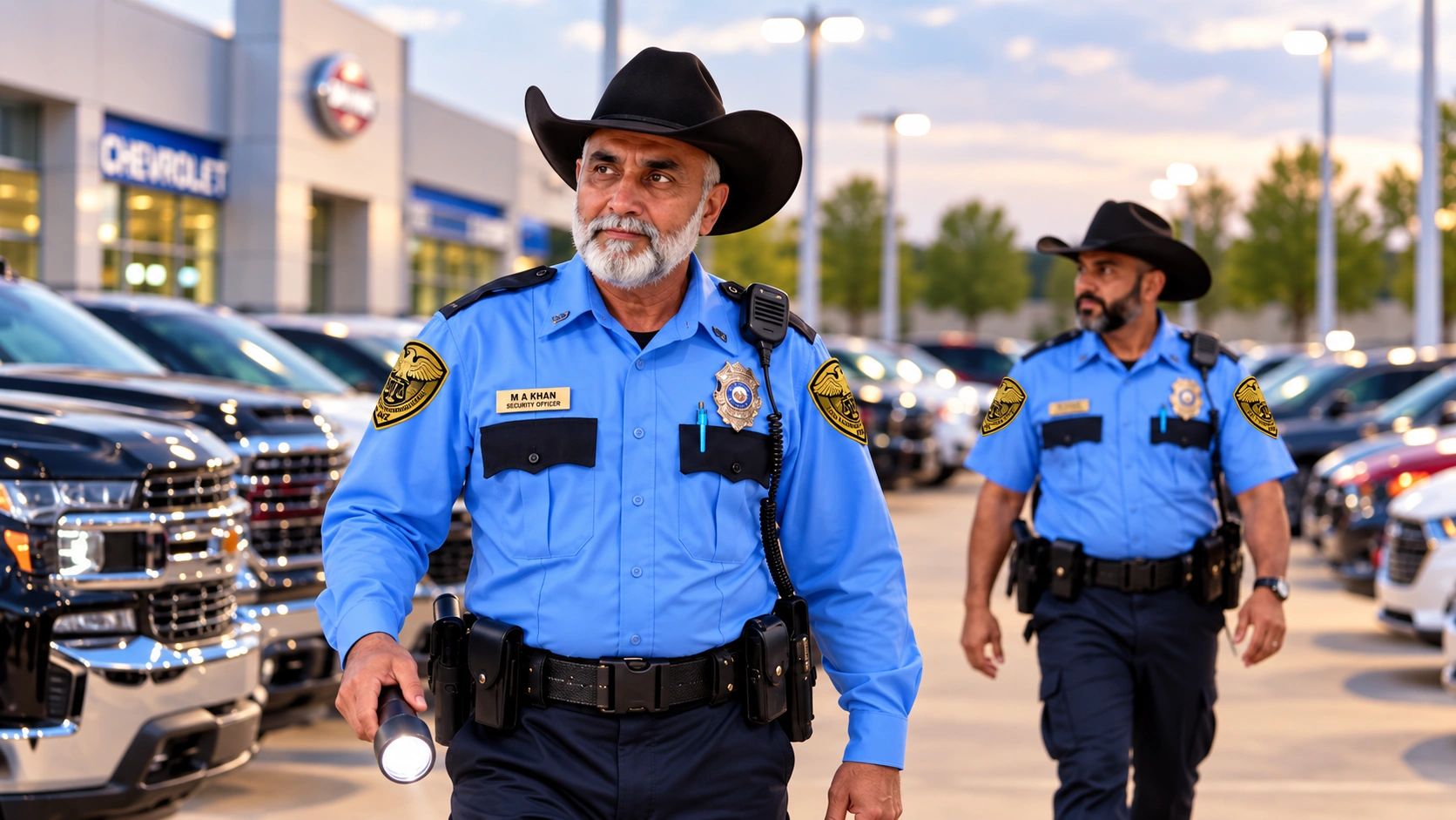 Security Guard Company ANZ armed guard M-Khan patrols a Houston dealership alongside a fellow guard.