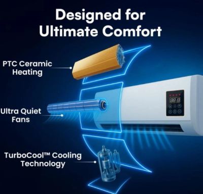 Illustration of a heater with ceramic heating, quiet fans, and cooling technology.