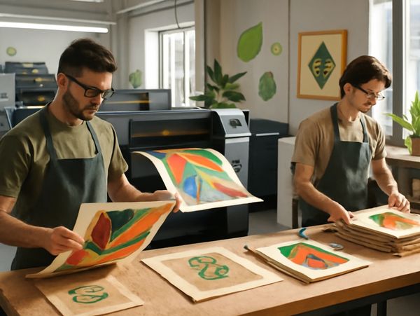 Two men examining colorful abstract prints in a bright studio.