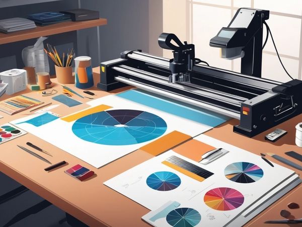 A creative workspace with color charts and a cutting machine on a wooden table.