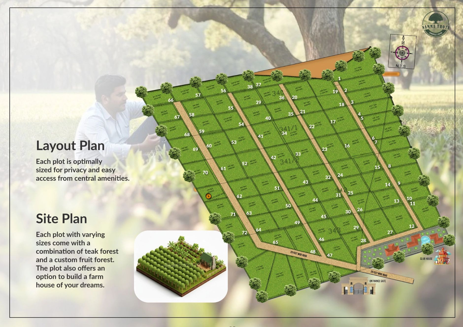 A detailed layout and site plan of a residential plot area with numbered plots and green spaces.