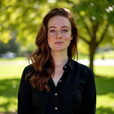 Young woman with long wavy hair standing outdoors with greenery in the background.