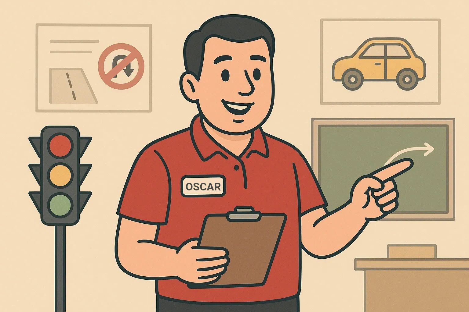 cartoon driver's ed instructor doing the teen level 2 road test