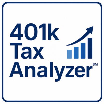 Logo for 401k Tax Analyzer with upward graph symbol.