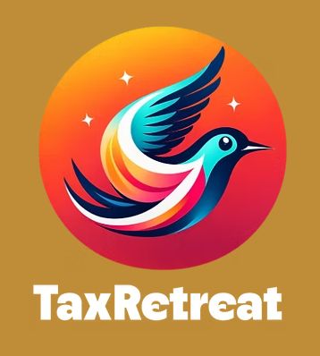 Colorful bird logo with 'TaxRetreat' text below on a warm gradient background.