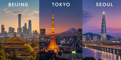Cityscapes of Beijing, Tokyo, and Seoul at dusk, showcasing iconic skylines and landmarks.