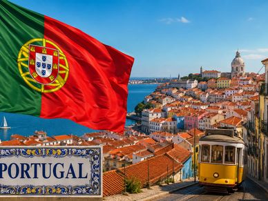 Portuguese flag waving over Lisbon cityscape with iconic tram.