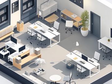 Illustration of office space with cubicles and desks.