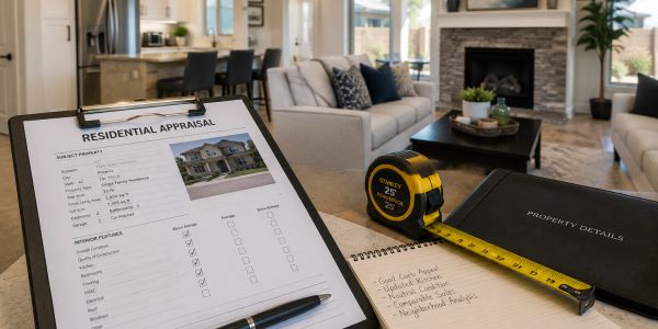 Residential property appraisal inspection with measurement tools and appraisal documentation inside a home.