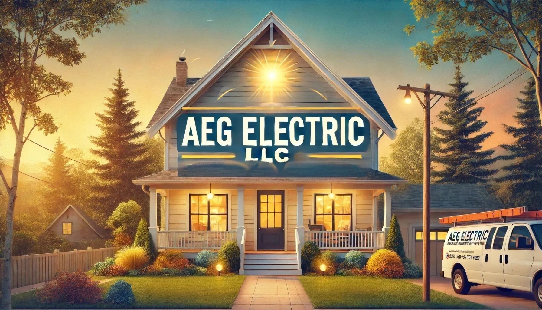 This image beautifully captures the sense of comfort and safety a customer experiences when choosing AEG Electric LLC. The warmly lit home and perfectly maintained surroundings represent the peace of mind that comes from knowing the electrical work is in trusted hands. The professional service van parked outside reinforces the company’s reliability and presence, symbolizing quick response and expert service. The image conveys a welcoming atmosphere, assuring customers that AEG Electric LLC is committed to their safety, comfort, and satisfaction, delivering high-quality electrical solutions with care and precision.