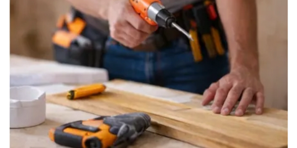 Person using an orange electric screwdriver on a wooden plank.