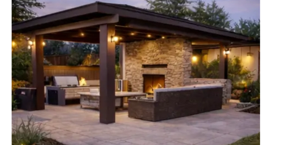 Cozy outdoor patio with stone fireplace and wooden pergola at dusk.