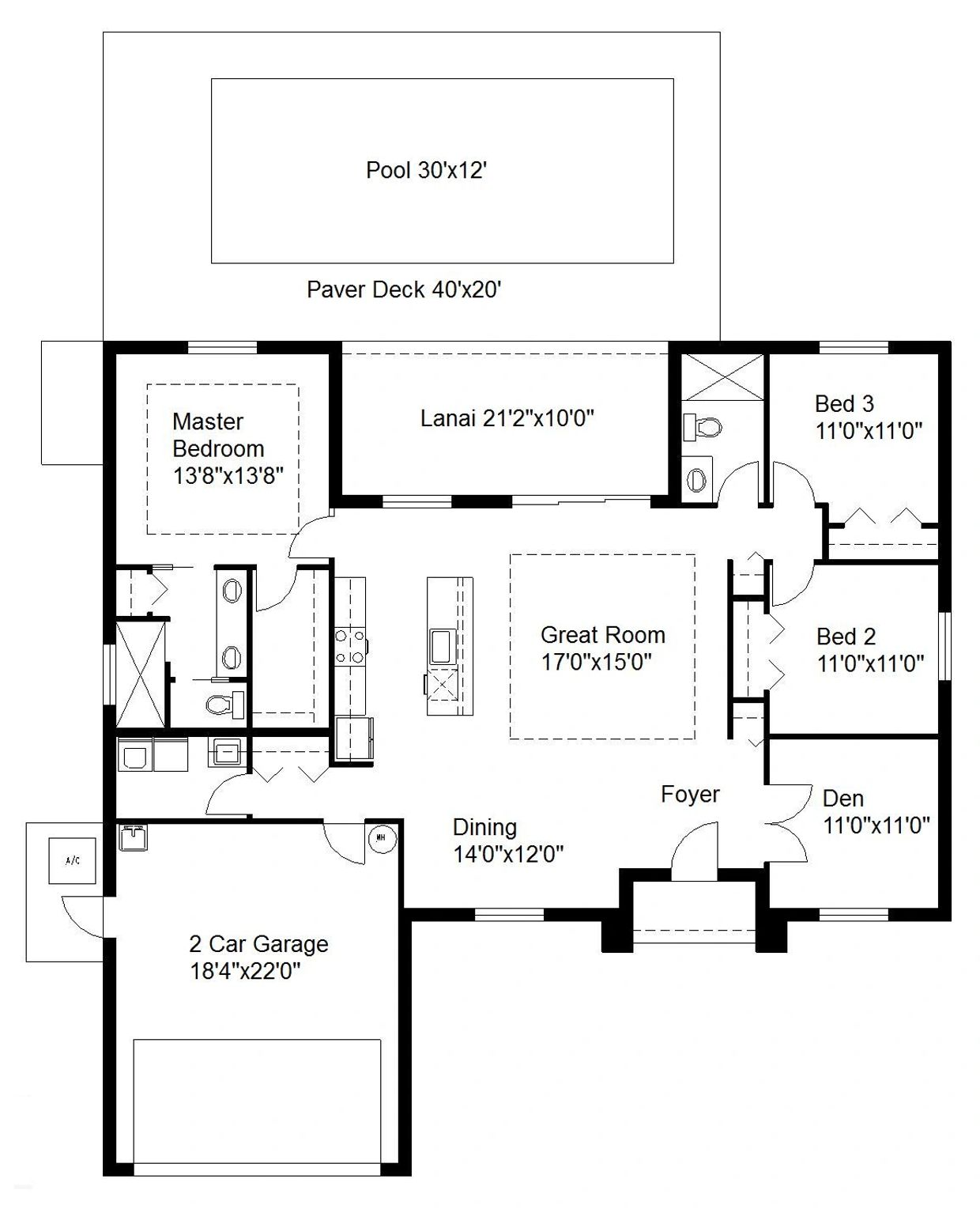 Floor plan of a single-story house with 3 bedrooms, a den, and a pool.
