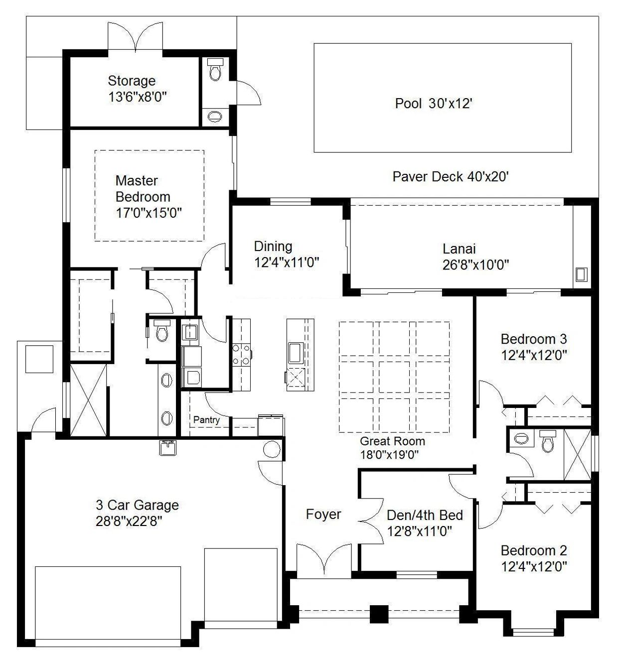 Floor plan of a spacious house with 3 bedrooms, a den, and a large garage.