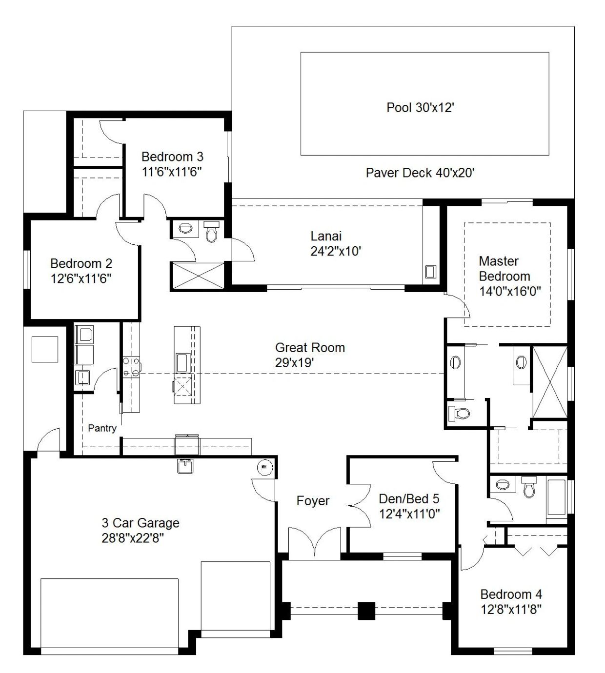 Floor plan of a house with 5 bedrooms and a large pool.