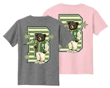 T-shirts with bear mascot and varsity letter design.