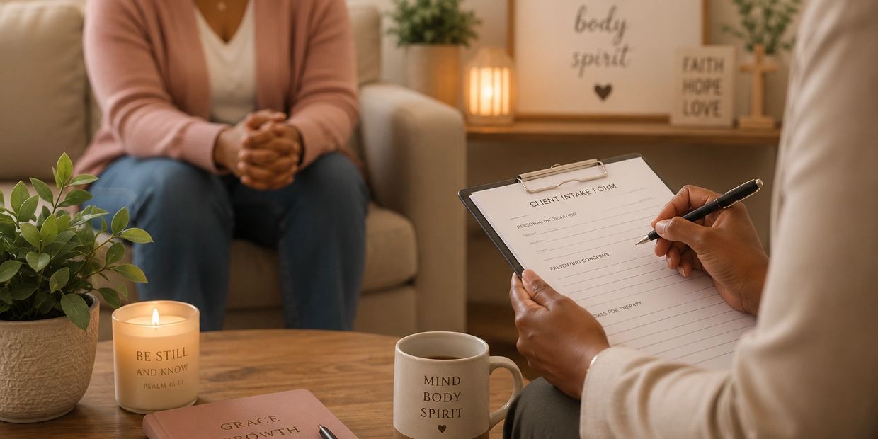 Therapist filling out a client intake form during a counseling session.